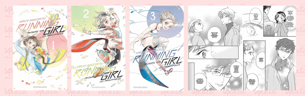 Couverture des 3 tomes de Running Girl un manga inclusif sur l'handisport paru chez Akata